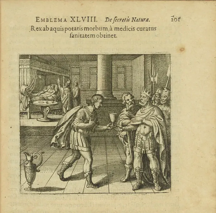 Framed Print : Emblem 48. The king gets an illness from drinking water, but when healed by doctors he... 1816. Creator: Merian, Matthäus, the Elder (1593-1650) Framed Print : Emblem 48. The king gets an illness from drinking water, but when healed by doctors he... 1816. Creator: Merian, Matthäus, the Elder (1593-1650)
