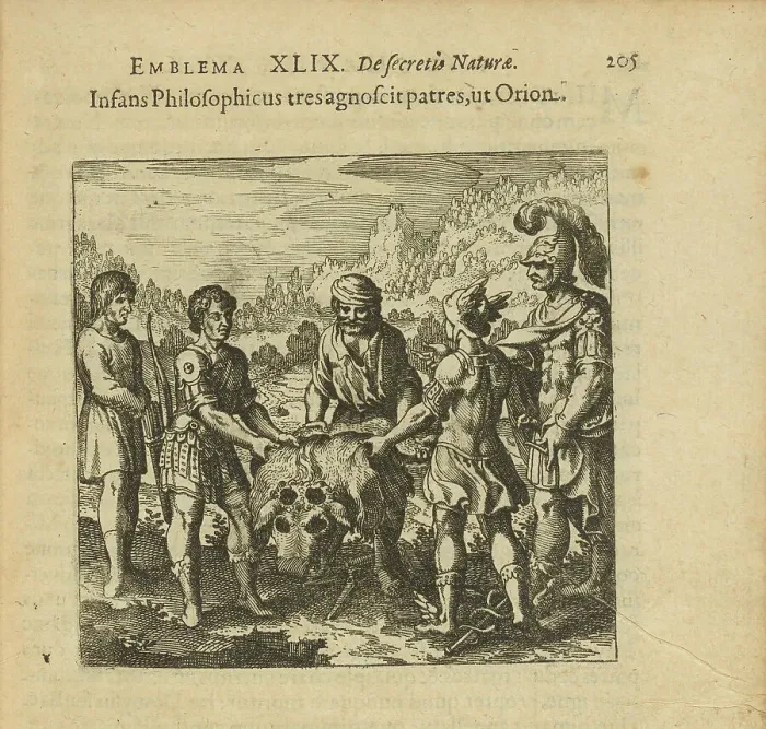 Framed Print : Emblem 49. The philosophical child recognizes three fathers, like Orion, 1816. Creator: Merian, Matthäus, the Elder (1593-1650) Framed Print : Emblem 49. The philosophical child recognizes three fathers, like Orion, 1816. Creator: Merian, Matthäus, the Elder (1593-1650)
