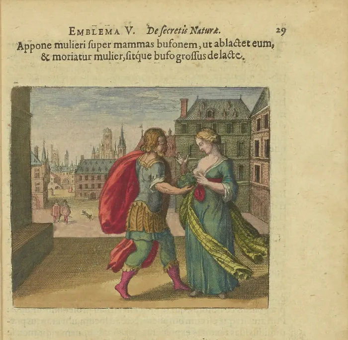 Framed Print : Emblem 5. Put the toad on the woman's breast so that it sucks, and the woman dies, and the... 1618. Creator: Merian, Matthäus, the Elder (1593-1650) Framed Print : Emblem 5. Put the toad on the woman's breast so that it sucks, and the woman dies, and the... 1618. Creator: Merian, Matthäus, the Elder (1593-1650)