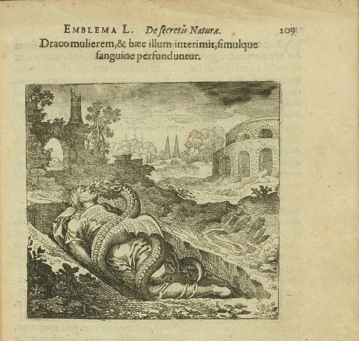 Framed Print : Emblem 50. The dragon killed the woman and she killed him, and both are covered in blood, 1816. Creator: Merian, Matthäus, the Elder (1593-1650) Framed Print : Emblem 50. The dragon killed the woman and she killed him, and both are covered in blood, 1816. Creator: Merian, Matthäus, the Elder (1593-1650)