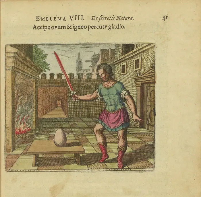 Framed Print : Emblem 8. Take the egg and hit it with a glowing sword, 1618. Creator: Merian, Matthäus, the Elder (1593-1650) Framed Print : Emblem 8. Take the egg and hit it with a glowing sword, 1618. Creator: Merian, Matthäus, the Elder (1593-1650)