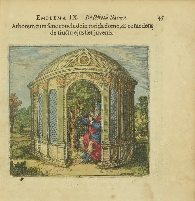 Framed Print : Emblem 9. Lock the tree and the old man in a house full of dew, and whoever eats its fruit... 1618. Creator: Merian, Matthäus, the Elder (1593-1650) Framed Print : Emblem 9. Lock the tree and the old man in a house full of dew, and whoever eats its fruit... 1618. Creator: Merian, Matthäus, the Elder (1593-1650)