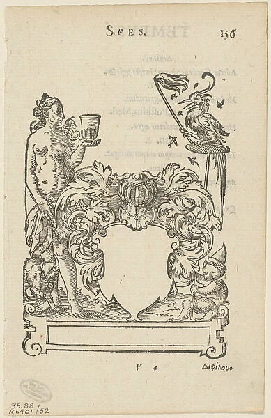 Emblem with Blank Heraldic Shield, folio 156 from the Anthologia Gnomonica, 1579, ... 1937. Creators: Jost Ammon, Max Geisberg, Sigmund Feyerabend, Henri Estienne