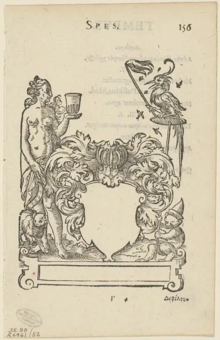 Framed Print : Emblem with Blank Heraldic Shield, folio 156 from the Anthologia Gnomonica, 1579... 1937. Creators: Jost Ammon, Max Geisberg, Sigmund Feyerabend, Henri Estienne Framed Print : Emblem with Blank Heraldic Shield, folio 156 from the Anthologia Gnomonica, 1579... 1937. Creators: Jost Ammon, Max Geisberg, Sigmund Feyerabend, Henri Estienne