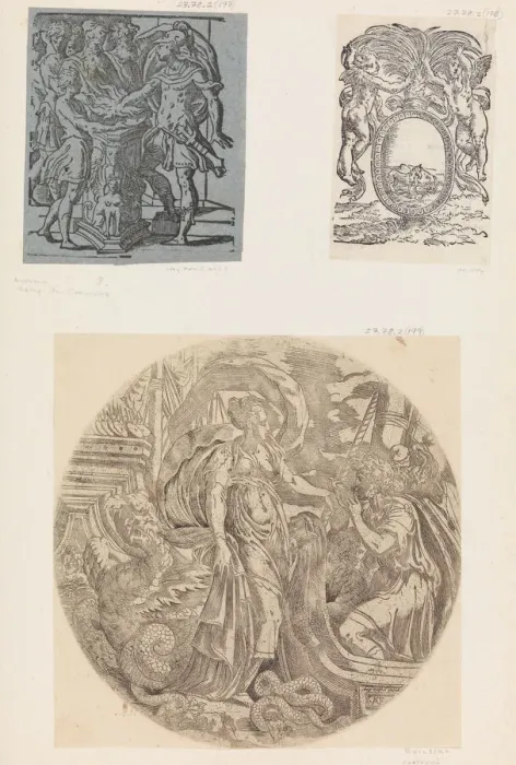 Framed Print : Emblem from a Book with Putti and a Unicorn. Creator: Anon Framed Print : Emblem from a Book with Putti and a Unicorn. Creator: Anon