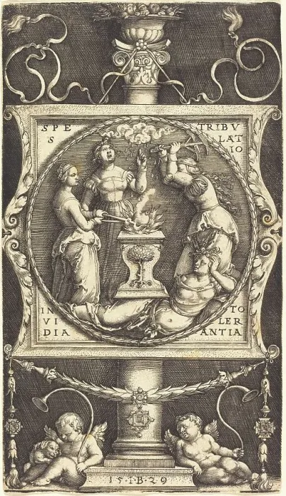 Framed Print : Emblem with Hope, Tribulation, Envy, and Tolerance, 1529. Creator: Master I. B Framed Print : Emblem with Hope, Tribulation, Envy, and Tolerance, 1529. Creator: Master I. B