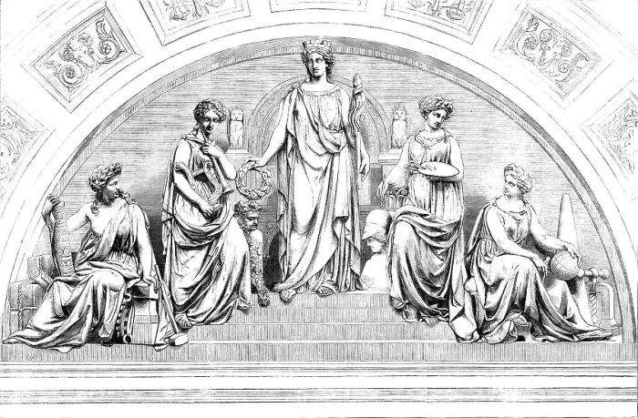 Framed Print : Emblematic Group of Figures, by Mr. John Thomas, over the Principal Entrance of the Leeds... 1858. Creator: Unknown Framed Print : Emblematic Group of Figures, by Mr. John Thomas, over the Principal Entrance of the Leeds... 1858. Creator: Unknown