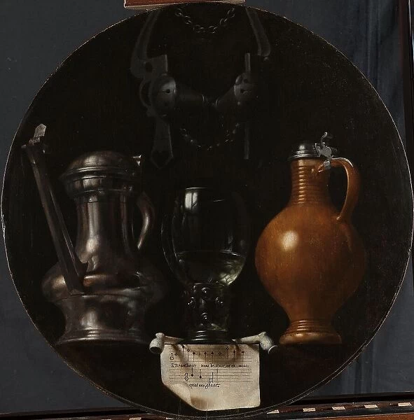 Emblematic Still Life with Flagon, Glass, Jug and Bridle, 1614. Creator: Johannes van der Beeck