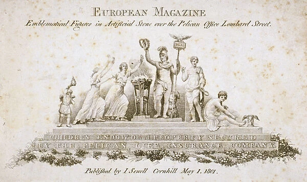 Emblematical figures over the Pelican Life Office, no 70 Lombard Street, City of London, 1801