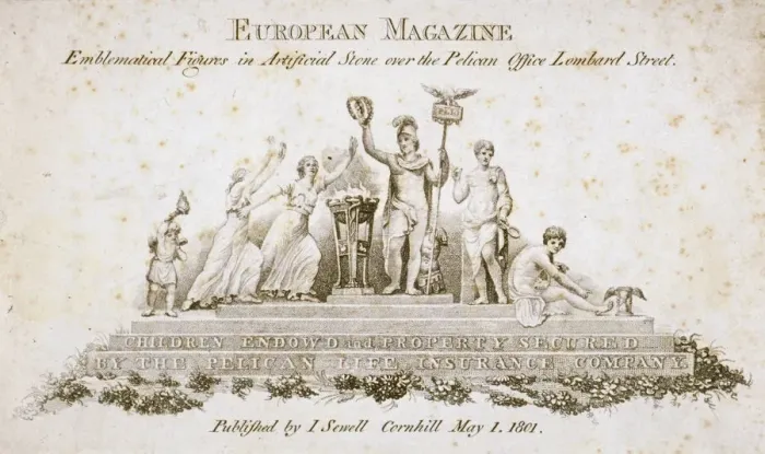 Framed Print : Emblematical figures over the Pelican Life Office, no 70 Lombard Street, City of London, 1801 Framed Print : Emblematical figures over the Pelican Life Office, no 70 Lombard Street, City of London, 1801