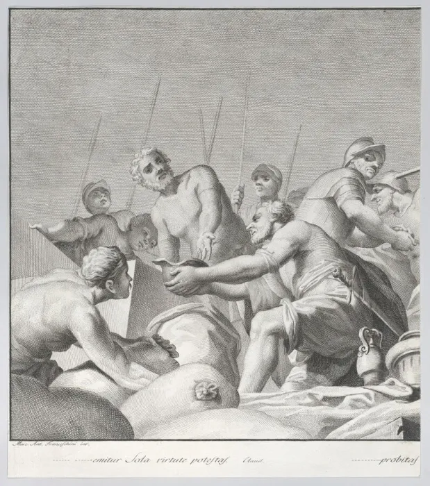 Framed Print : Embriaco Rejecting the Spoils, from: Forme Picturarum Archetypae, 1774. Creator: Lorenzo Lorenzi Framed Print : Embriaco Rejecting the Spoils, from: Forme Picturarum Archetypae, 1774. Creator: Lorenzo Lorenzi