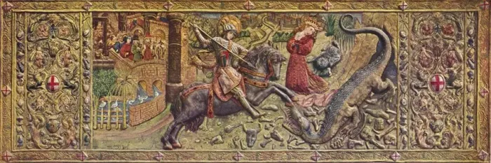 Framed Print : Embroidered front altarpiece of Saint George, from the Palau de la Generalitat, c15th century Framed Print : Embroidered front altarpiece of Saint George, from the Palau de la Generalitat, c15th century