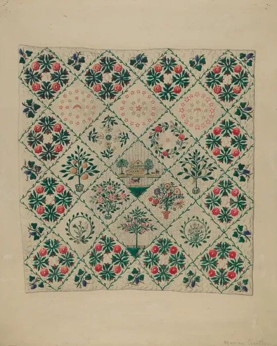 Framed Print : Embroidered Applique Quilt, 1935 / 1942. Creator: Marian Curtis Foster Framed Print : Embroidered Applique Quilt, 1935 / 1942. Creator: Marian Curtis Foster