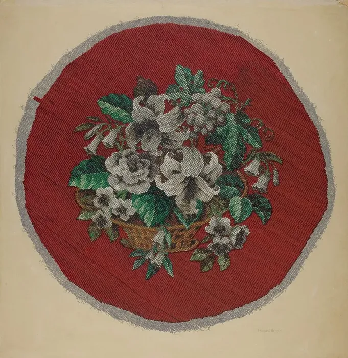 Framed Print : Embroidered Footstool Cover, c. 1938. Creator: Edward Unger