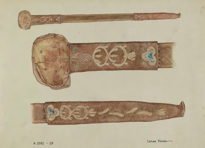 Framed Print : Embroidered Leather Scabbard, c. 1936. Creator: Lyman Young Framed Print : Embroidered Leather Scabbard, c. 1936. Creator: Lyman Young