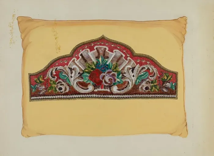 Framed Print : Embroidery on Pillow, c. 1936. Creator: Florence Huston Framed Print : Embroidery on Pillow, c. 1936. Creator: Florence Huston