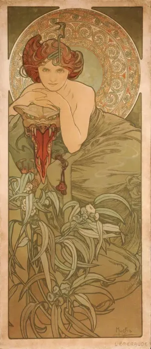 Framed Print : Emerald (From the series The gems). Artist: Mucha, Alfons Marie (1860-1939) Framed Print : Emerald (From the series The gems). Artist: Mucha, Alfons Marie (1860-1939)