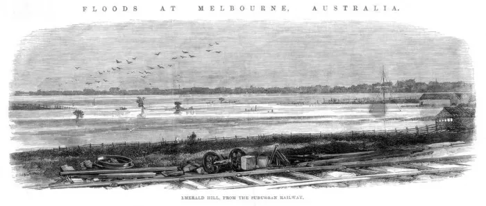 Framed Print : Emerald Hill, from the Suburban Railway - Floods at Melbourne, Australia, 1864 Framed Print : Emerald Hill, from the Suburban Railway - Floods at Melbourne, Australia, 1864