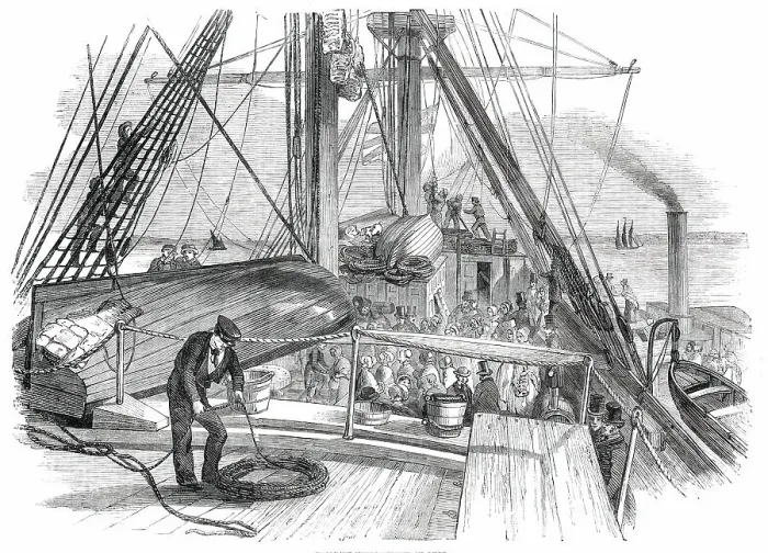 Framed Print : Emigrant Needlewomen on Deck, 1850. Creator: Unknown Framed Print : Emigrant Needlewomen on Deck, 1850. Creator: Unknown