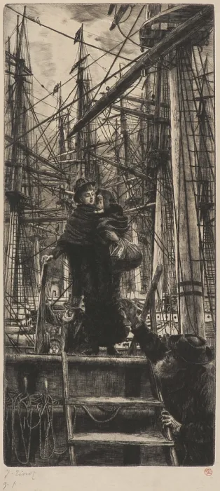 Framed Print : Emigrants (Woman with Child Disembarking from Sailboat), 1880. Creator: Tissot, James Jacques Joseph (1836-1902)