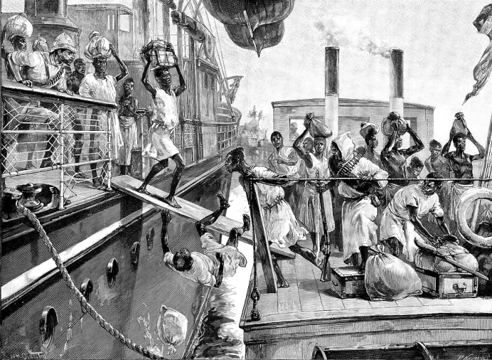 Framed Print : Emin Pasha Relief Expedition, Banana Point..transferring passengers to a Congo River steamboat, 1890 Creator: P Naumann Framed Print : Emin Pasha Relief Expedition, Banana Point..transferring passengers to a Congo River steamboat, 1890 Creator: P Naumann