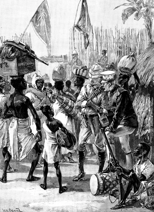 Framed Print : Emin Pasha Relief Expedition - Stanley's departure from Yambuya Camp:Final Instructions... 1890. Creator: R. Taylor Framed Print : Emin Pasha Relief Expedition - Stanley's departure from Yambuya Camp:Final Instructions... 1890. Creator: R. Taylor