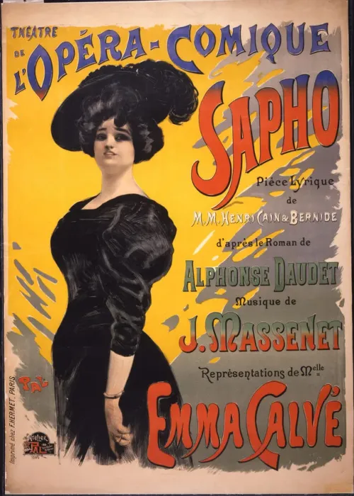 Framed Print : Emma Calve as Fanny Legrand. Poster for the premiere of opera-comique Sapho by Massenet performed on Framed Print : Emma Calve as Fanny Legrand. Poster for the premiere of opera-comique Sapho by Massenet performed on
