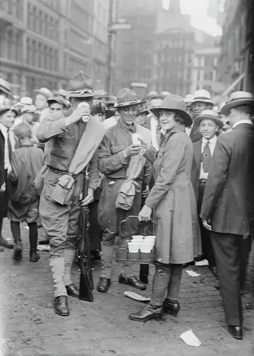Framed Print : Emma Rencken watering soldiers, between c1915 and c1920. Creator: Bain News Service Framed Print : Emma Rencken watering soldiers, between c1915 and c1920. Creator: Bain News Service
