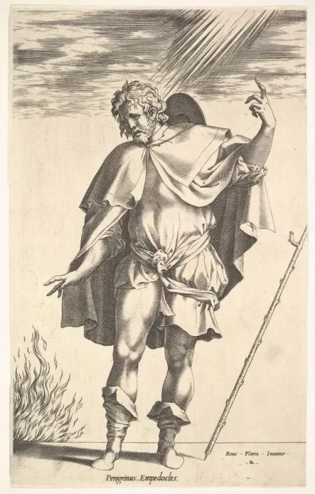 Framed Print : Empedocles, standing frontally with his head turned in three-quarter view, directs Framed Print : Empedocles, standing frontally with his head turned in three-quarter view, directs