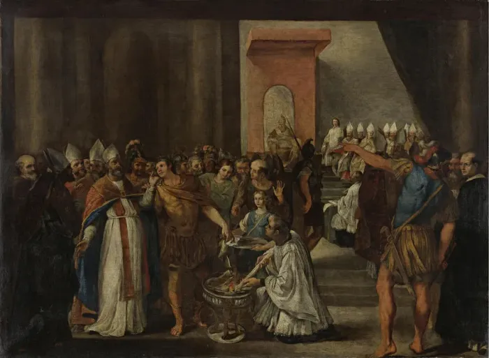 Framed Print : Emperor Constantine burning Arian books, 1640s. Artist: Magnone, Carlo (?-1653) Framed Print : Emperor Constantine burning Arian books, 1640s. Artist: Magnone, Carlo (?-1653)