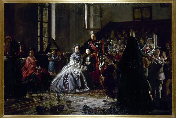 The Emperor, the Empress and the Imperial Prince visiting an orphanage in Fontainebleau, c1867. Creator: Auguste Victor Pluyette
