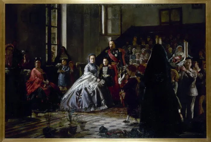 Framed Print : The Emperor, the Empress and the Imperial Prince visiting an orphanage in Fontainebleau, c1867. Creator: Auguste Victor Pluyette Framed Print : The Emperor, the Empress and the Imperial Prince visiting an orphanage in Fontainebleau, c1867. Creator: Auguste Victor Pluyette
