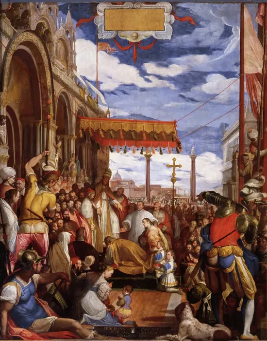 Framed Print : Emperor Frederick Barbarossa submits to the authority of Pope Alexander III in Venice, 1587-1600. Creator: Zuccari, Federico (1539-1609) Framed Print : Emperor Frederick Barbarossa submits to the authority of Pope Alexander III in Venice, 1587-1600. Creator: Zuccari, Federico (1539-1609)