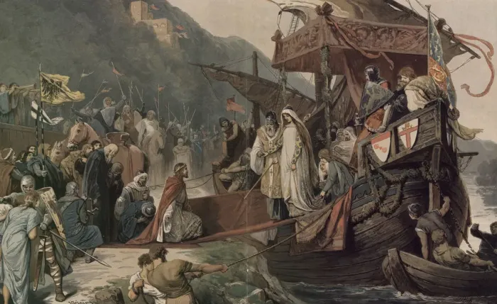 Framed Print : Emperor Frederick II receives at Stolzenfels his bride Isabella. Artist: Zick, Alexander (1845-1907) Framed Print : Emperor Frederick II receives at Stolzenfels his bride Isabella. Artist: Zick, Alexander (1845-1907)