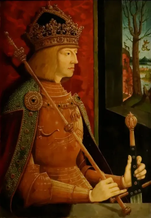 Framed Print : Emperor Maximilian I (1459-1519), with crown, sceptre, and sword, c. 1500. Artist: Strigel, Bernhard (ca 1460-1528) Framed Print : Emperor Maximilian I (1459-1519), with crown, sceptre, and sword, c. 1500. Artist: Strigel, Bernhard (ca 1460-1528)