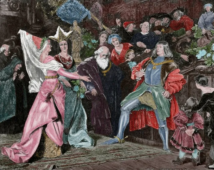 Framed Print : Emperor Maximilian I requesting the hand of Mary of Burgundy, (19th century). Creator: Wollerman Framed Print : Emperor Maximilian I requesting the hand of Mary of Burgundy, (19th century). Creator: Wollerman