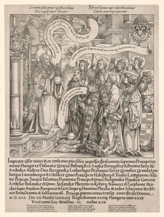 Framed Print : The Emperor Maximilian Presented by His Patron Saints to the Almighty, 1519. Creator Framed Print : The Emperor Maximilian Presented by His Patron Saints to the Almighty, 1519. Creator