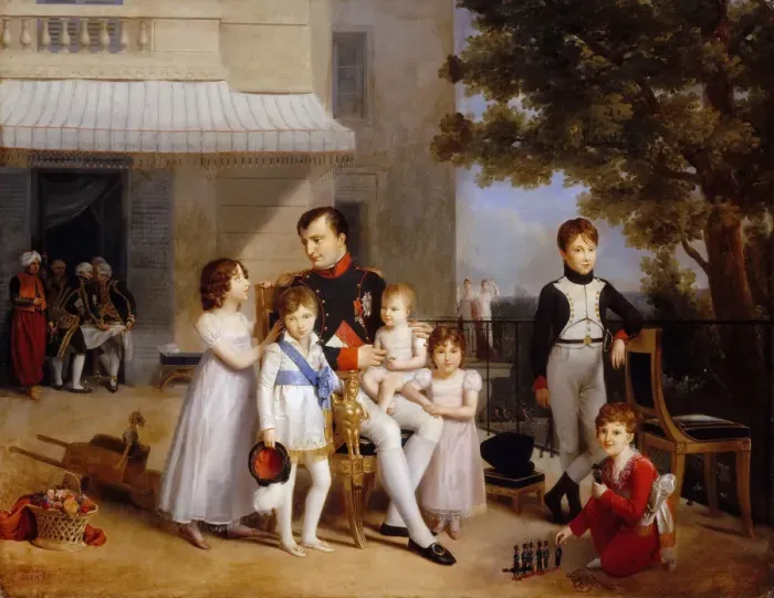 Framed Print : The Emperor Napoleon I on the terrace of the Chateau Saint-Cloud surrounded by his children. Artist: Ducis, Louis (1775-1847) Framed Print : The Emperor Napoleon I on the terrace of the Chateau Saint-Cloud surrounded by his children. Artist: Ducis, Louis (1775-1847)