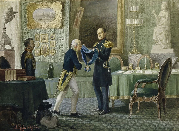 Emperor Nicholas I awards the blue riband of the Order of St. Andrew to Count Michail Speransky, 1880. Artist: Kivshenko, Alexei Danilovich (1851-1895)
