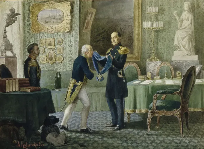 Framed Print : Emperor Nicholas I awards the blue riband of the Order of St. Andrew to Count Michail Speransky, 1880. Artist: Kivshenko, Alexei Danilovich (1851-1895) Framed Print : Emperor Nicholas I awards the blue riband of the Order of St. Andrew to Count Michail Speransky, 1880. Artist: Kivshenko, Alexei Danilovich (1851-1895)
