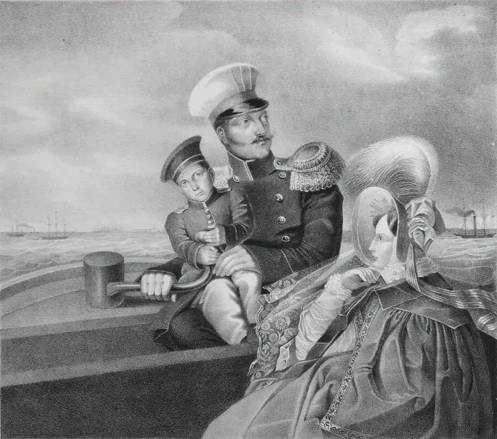 Framed Print : Emperor Nicholas I and Empress Alexandra Fyodorovna with son Konstantin Nikolaevich on a boat trip, Artist: Anonymous Framed Print : Emperor Nicholas I and Empress Alexandra Fyodorovna with son Konstantin Nikolaevich on a boat trip, Artist: Anonymous