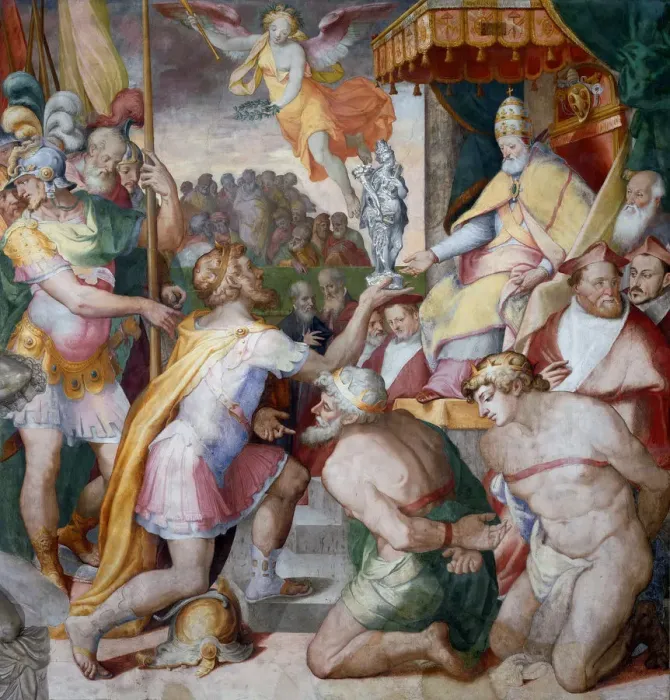Framed Print : Emperor Otto I brings the Church treasury to Pope John XII. back, ca 1563 Framed Print : Emperor Otto I brings the Church treasury to Pope John XII. back, ca 1563