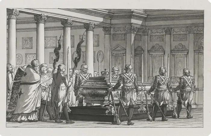 Framed Print : The Emperor Paul I Lying in State with a guard of honour. Artist: Quarenghi, Giacomo Antonio Domenico (1744-1817) Framed Print : The Emperor Paul I Lying in State with a guard of honour. Artist: Quarenghi, Giacomo Antonio Domenico (1744-1817)
