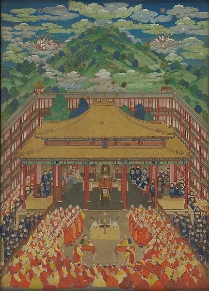 Emperor Qianlong receives Ubashi Khan, the Torghut ruler of the Kalmyk Khanate, at the Putuo... Creator: Anonymous