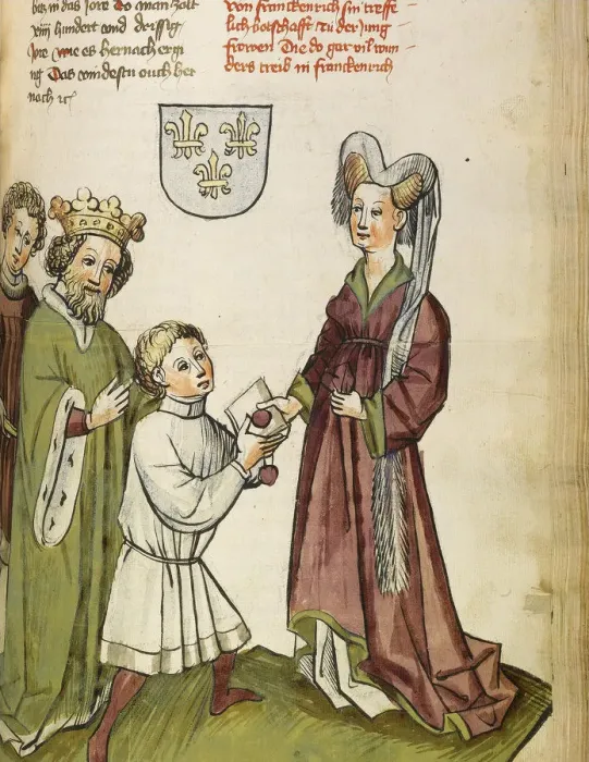 Framed Print : Emperor Sigismund before Joan of Arc (From: The life and times of the Emperor Sigismund by Eberhard Windeck), c. 1450. Artist: Lauber, Diebold, (Workshop) Framed Print : Emperor Sigismund before Joan of Arc (From: The life and times of the Emperor Sigismund by Eberhard Windeck), c. 1450. Artist: Lauber, Diebold, (Workshop)
