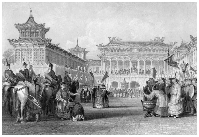 Framed Print : The Emperor Teaou-Kwang reviewing his Guards, Palace of Peking, China, 19th century. Artist: JB Allen Framed Print : The Emperor Teaou-Kwang reviewing his Guards, Palace of Peking, China, 19th century. Artist: JB Allen