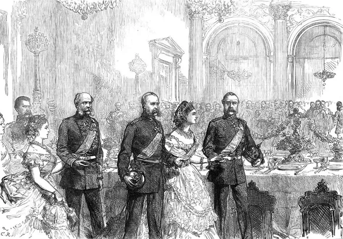 Framed Print : The Three Emperors at Berlin: arrival at the banquet in the White Hall of the Old Palace, 1872. Creator: Unknown Framed Print : The Three Emperors at Berlin: arrival at the banquet in the White Hall of the Old Palace, 1872. Creator: Unknown