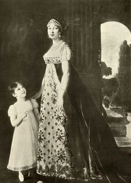 Empire gown and childs dress trimmed with Valenciennes lace, 1804, (1937). Creator: Unknown