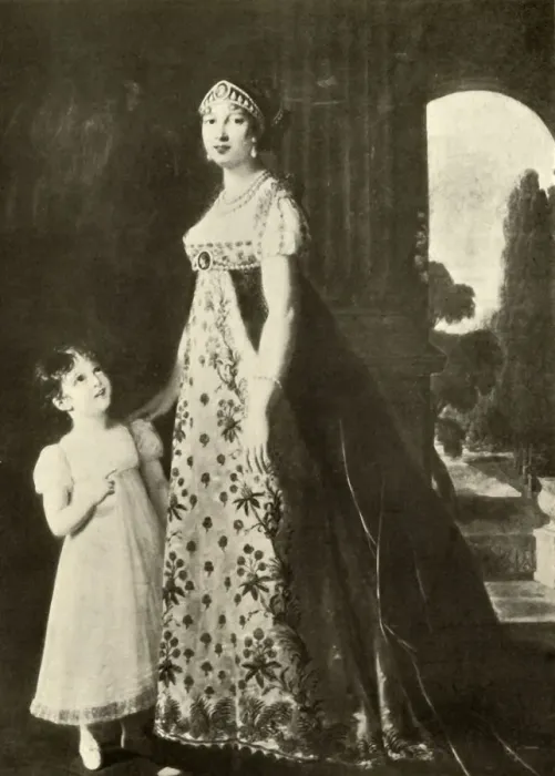 Framed Print : Empire gown and childs dress trimmed with Valenciennes lace, 1804, (1937). Creator: Unknown Framed Print : Empire gown and childs dress trimmed with Valenciennes lace, 1804, (1937). Creator: Unknown