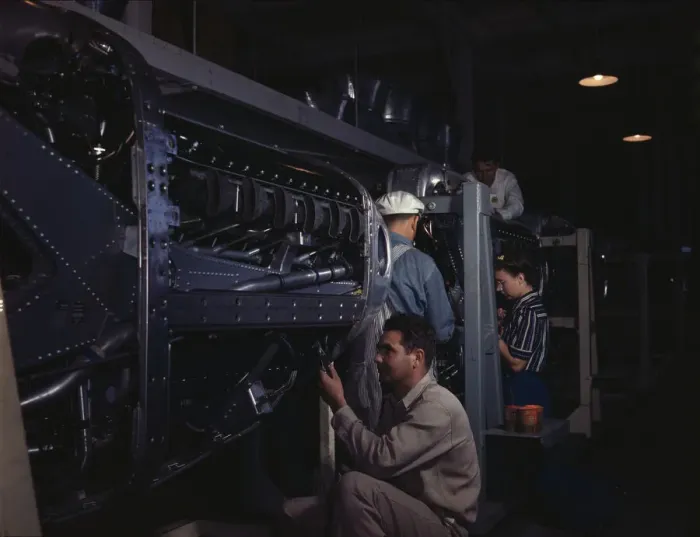 Framed Print : Employees at North American Aviation, Incorporated, assembling... Inglewood, Calif. 1942. Creator: Alfred T Palmer Framed Print : Employees at North American Aviation, Incorporated, assembling... Inglewood, Calif. 1942. Creator: Alfred T Palmer